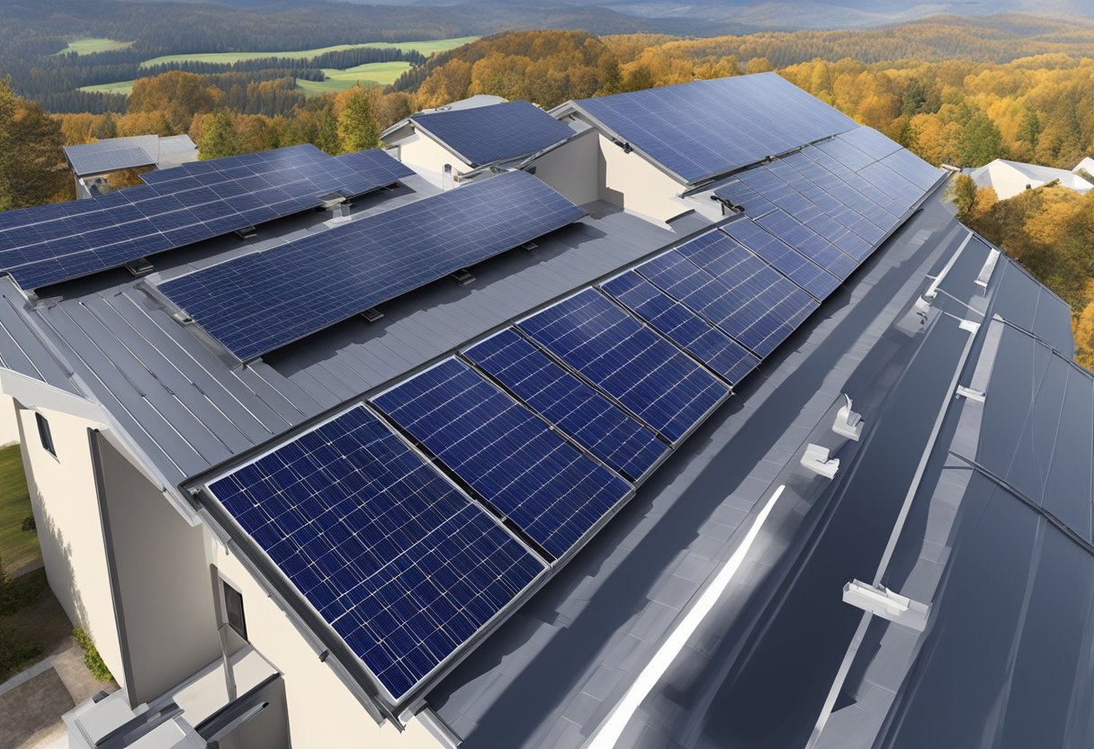 Solar panels are being installed on a metal roof using mounting systems. The panels are positioned and secured in place, with the surrounding area clear of any obstructions