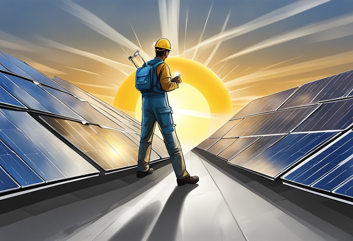 A figure standing on a metal roof, holding solar panels and tools, with the sun shining in the background