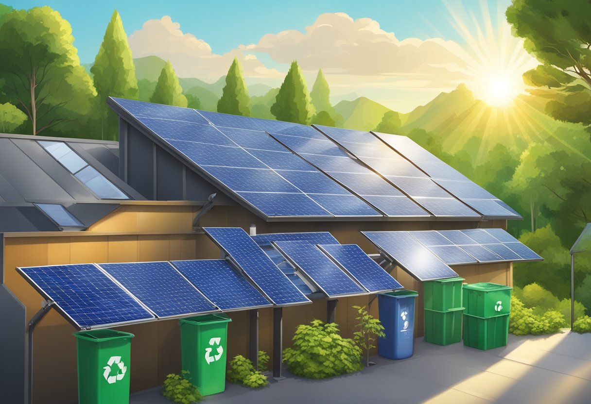 Solar panels are mounted on a metal roof, surrounded by recycling bins and greenery. The sun shines down, highlighting the environmental impact of renewable energy