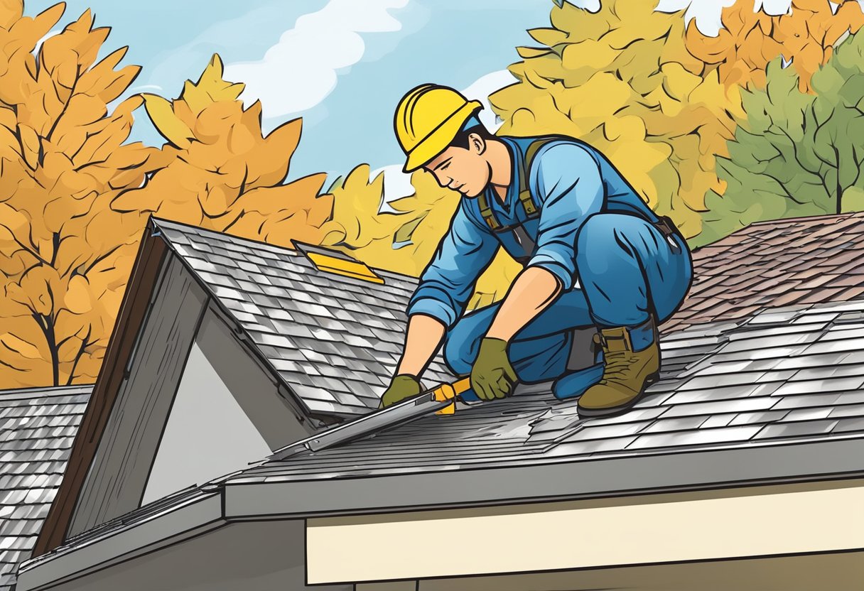 A worker installs metal roofing, comparing it to shingles for cost