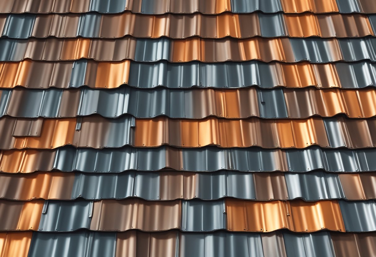 A metal roof and shingles side by side, with a scale underneath to show weight difference