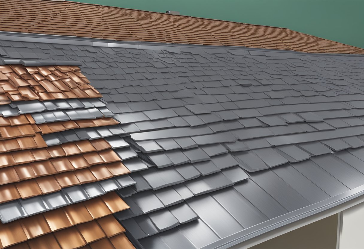 A metal roof and shingles side by side, with a cost comparison chart and a calculator on a table