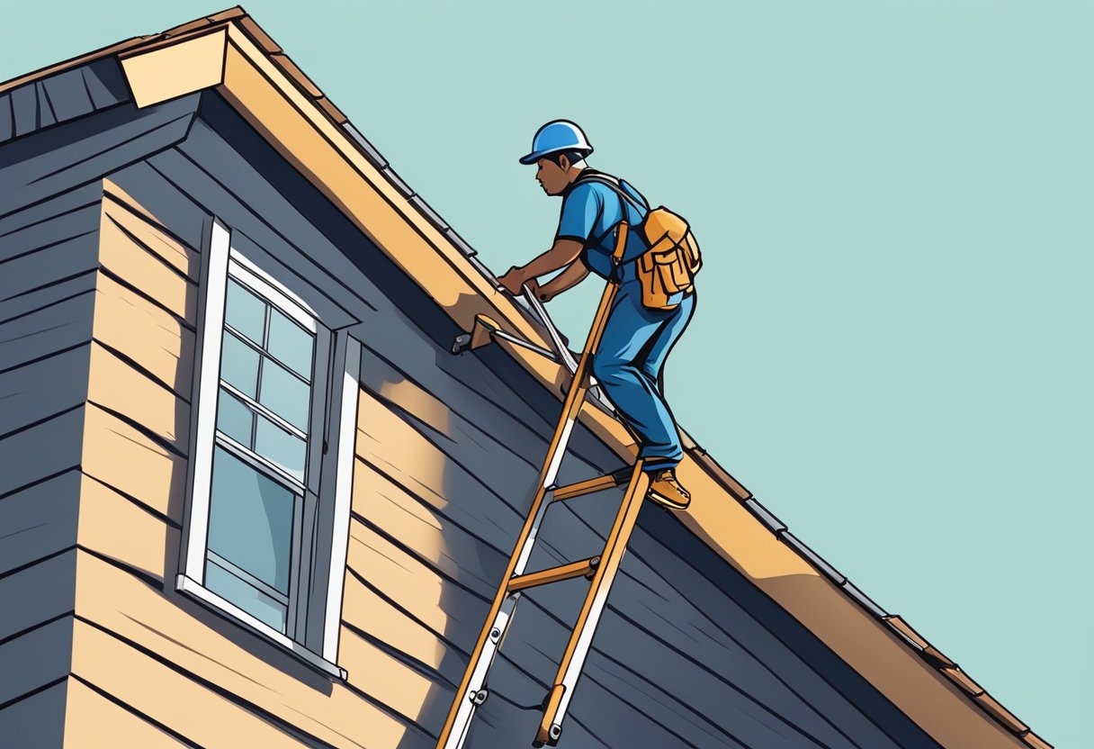 A ladder leaning against a house with shingles. A person holding metal roofing materials and tools, looking up at the roof
