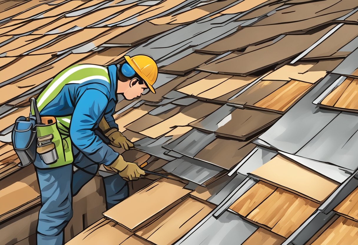 A worker removes old shingles, revealing the wooden roof underneath. Another worker installs a metal roof over the exposed surface