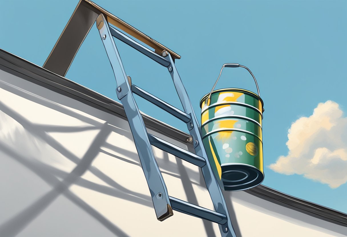 A ladder leans against a metal roof. A paint can and brush sit nearby. The sky is clear, with the sun shining