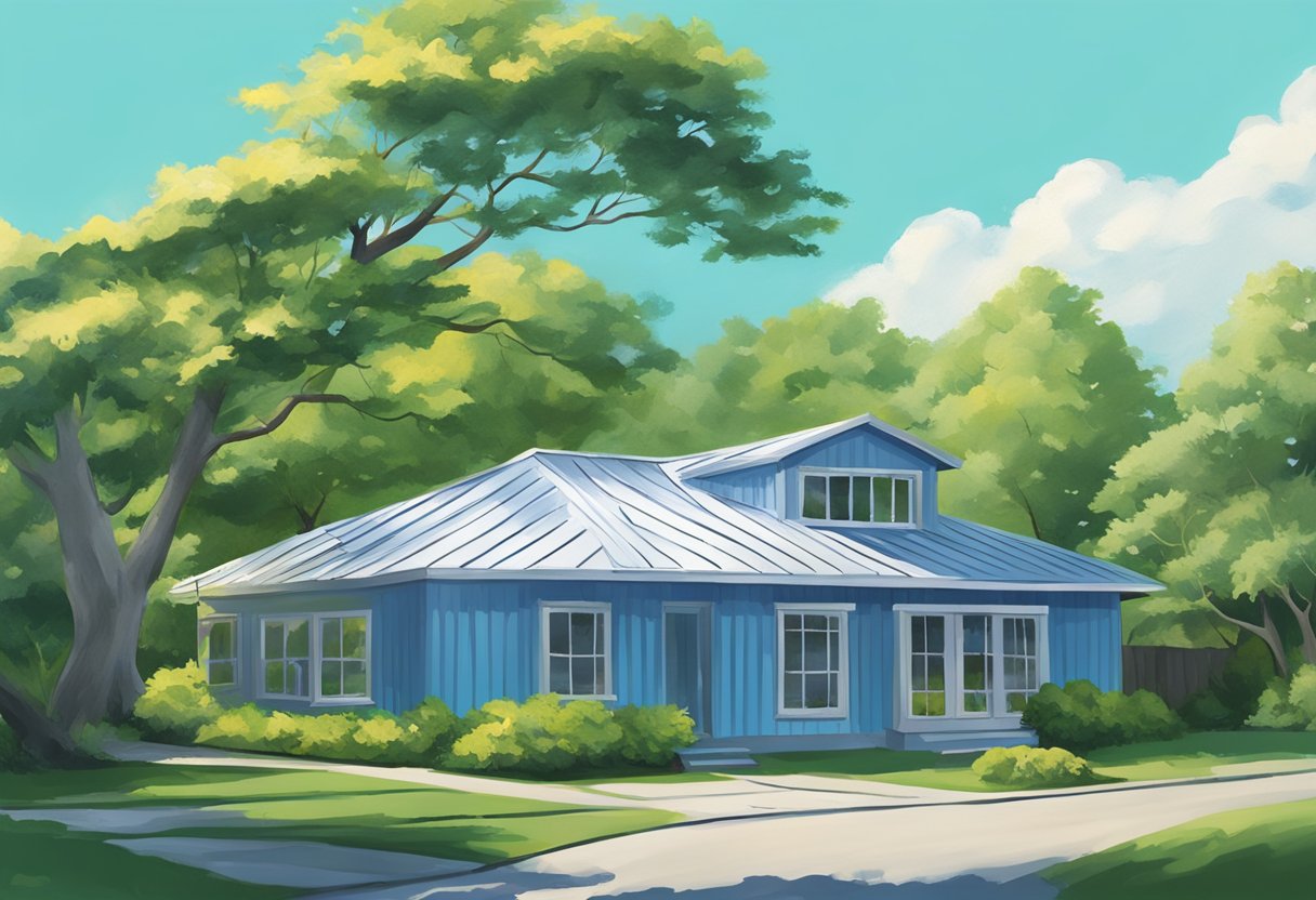 A metal roof being painted with a brush, surrounded by a clear blue sky and lush green trees