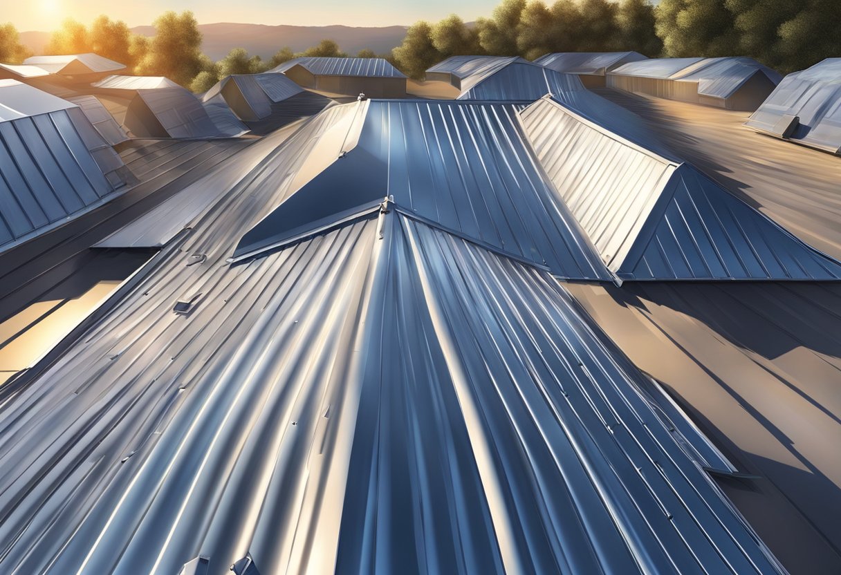 A metal roof glistens under the bright sun, reflecting the surrounding landscape