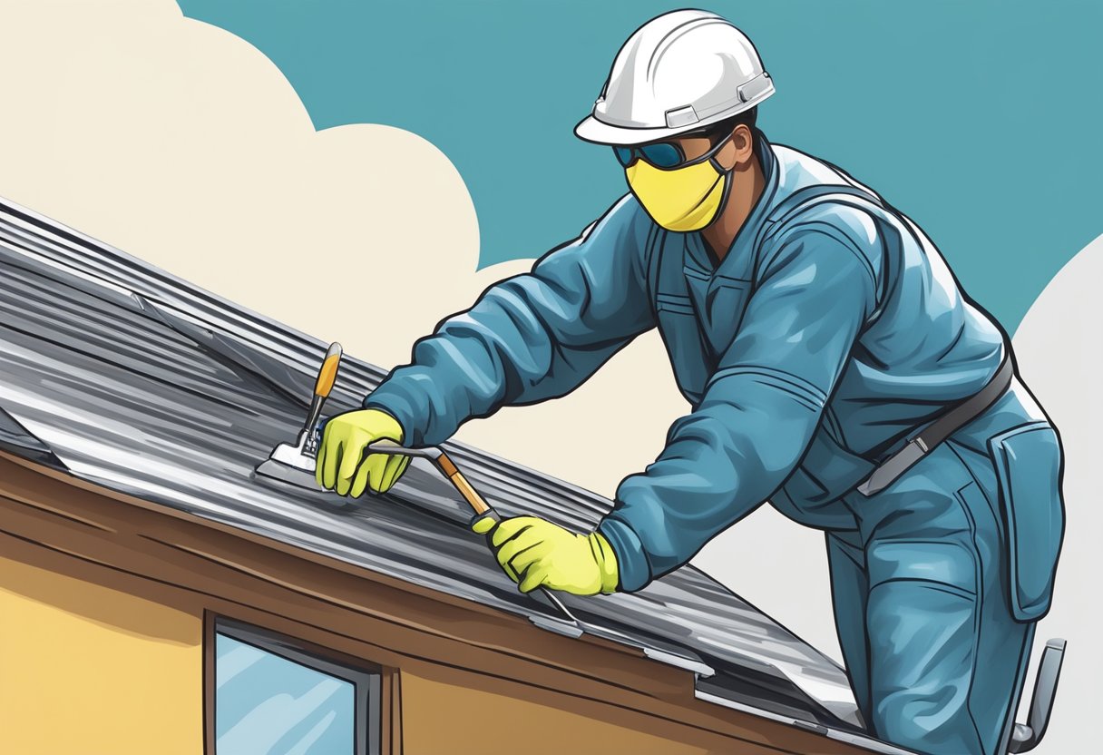 A person painting a metal roof with a paintbrush and protective gear