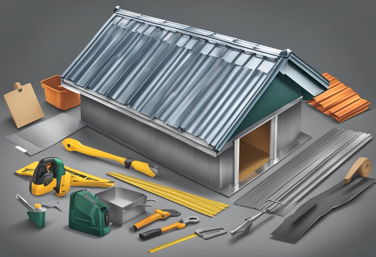 A metal roof with a price tag displayed next to it, surrounded by various roofing materials and tools