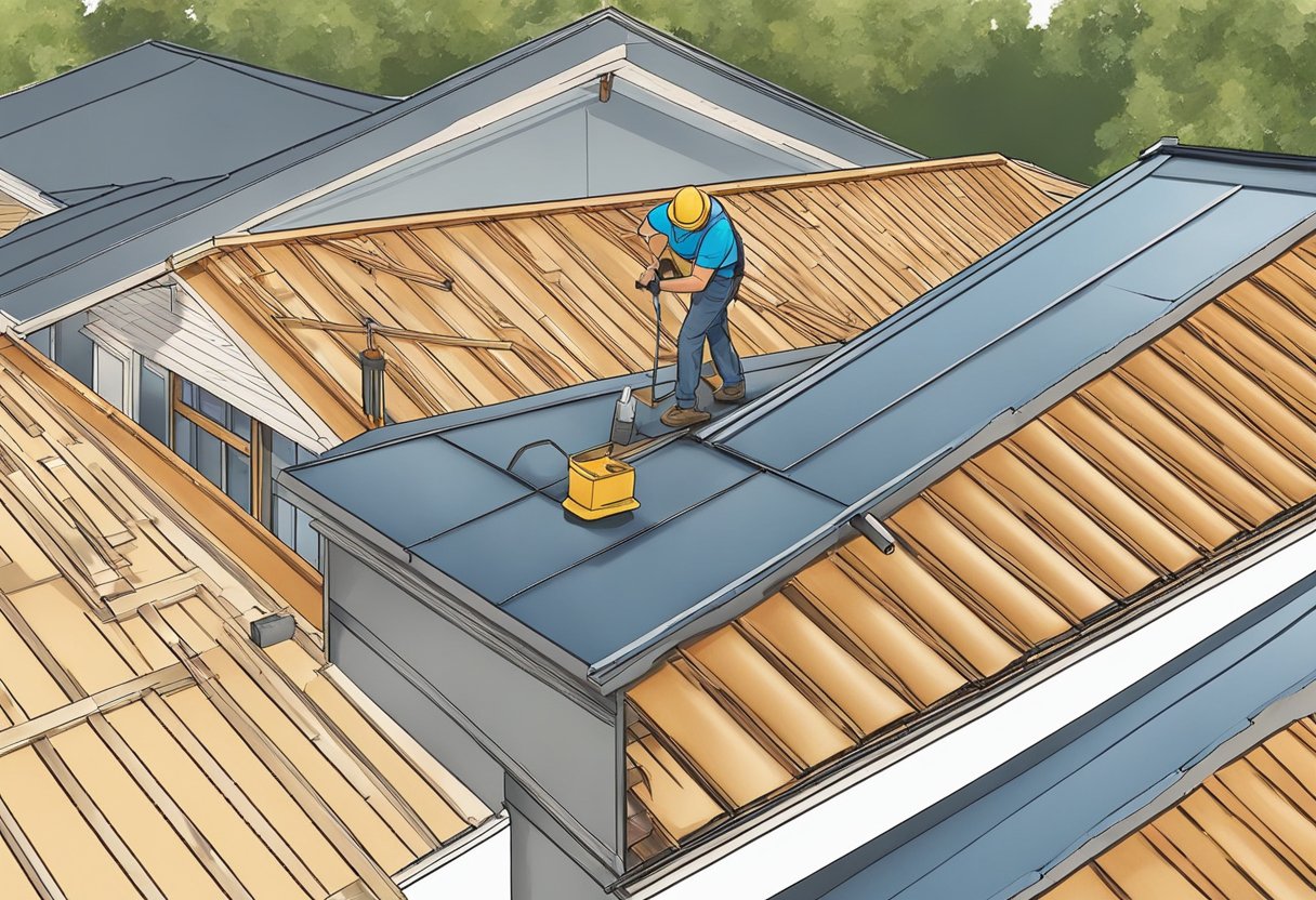 A construction worker installs a metal roof while following roofing regulations and permits. The cost of the metal roof is being considered