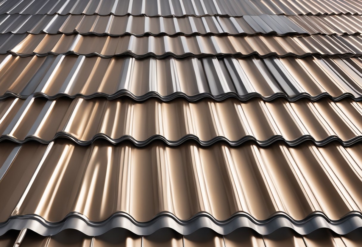 A metal roof shines in the sunlight, showing different types of metal panels and textures. The surrounding landscape suggests durability and longevity