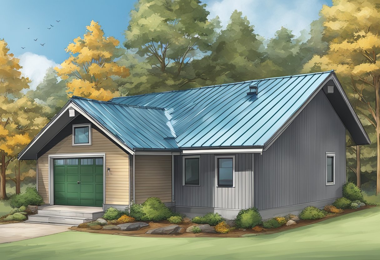 A metal roof outlasts other materials. Show a metal roof standing strong while other materials deteriorate. Use visual cues to convey durability and longevity