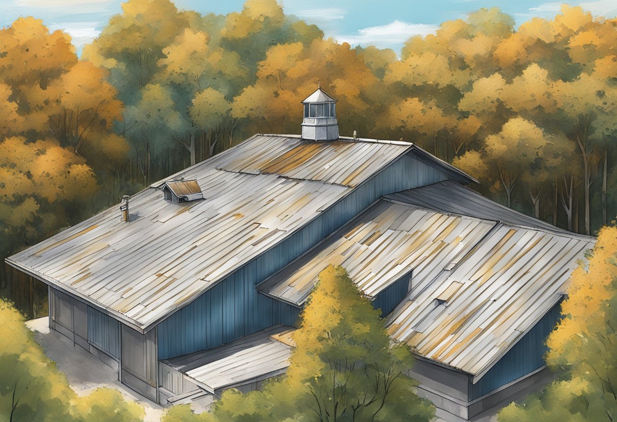 A metal roof sits atop a building, surrounded by trees and under a clear sky. It shows signs of weathering and rust, indicating its age and environmental impact