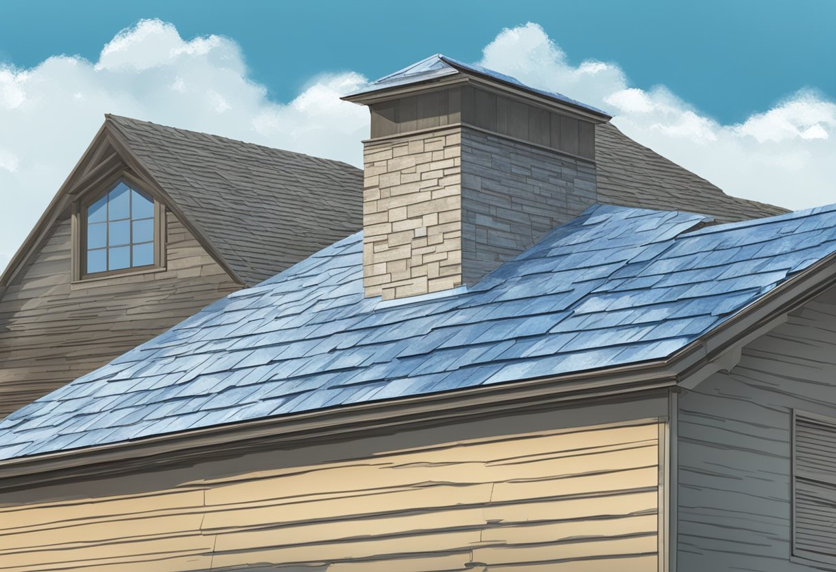 A metal roof with a "Warranty and Service Life" label, surrounded by weathered shingles, under a clear blue sky