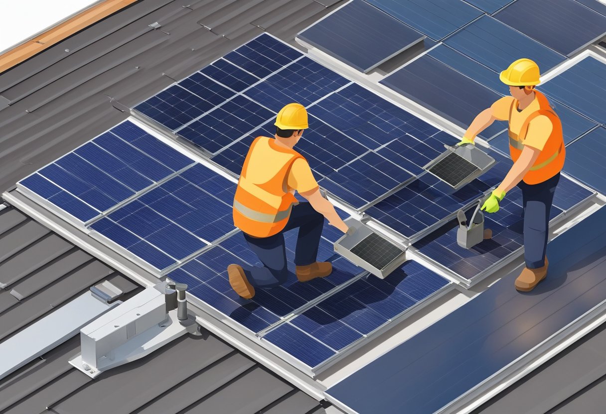 Solar panels are being installed on a metal roof by workers using specialized equipment and tools